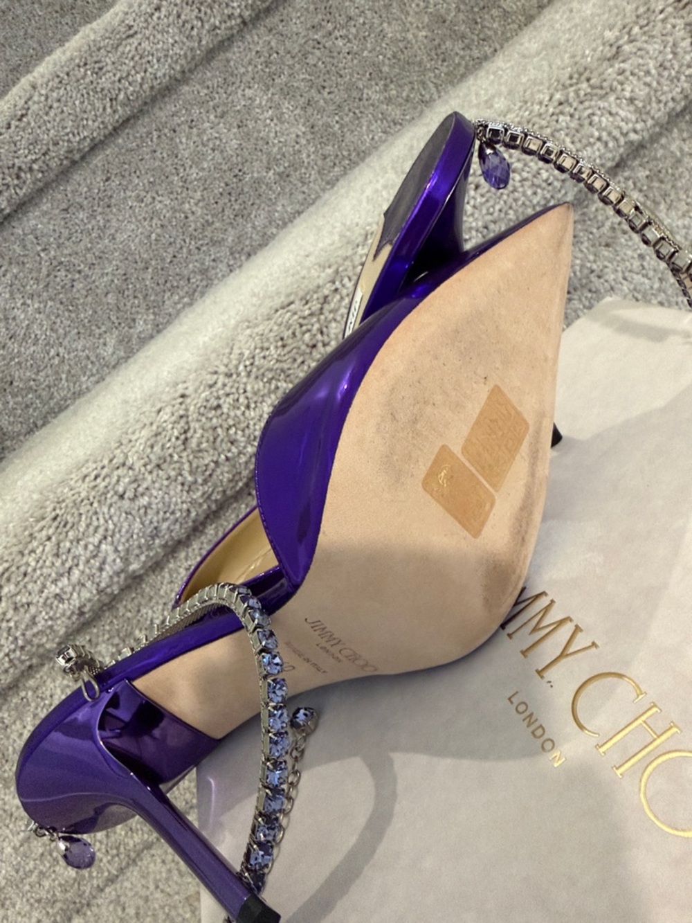 Jimmy Choo Metallic Purple Crystal T-Strap Pointed Slingback Heels - Picture 13 of 17